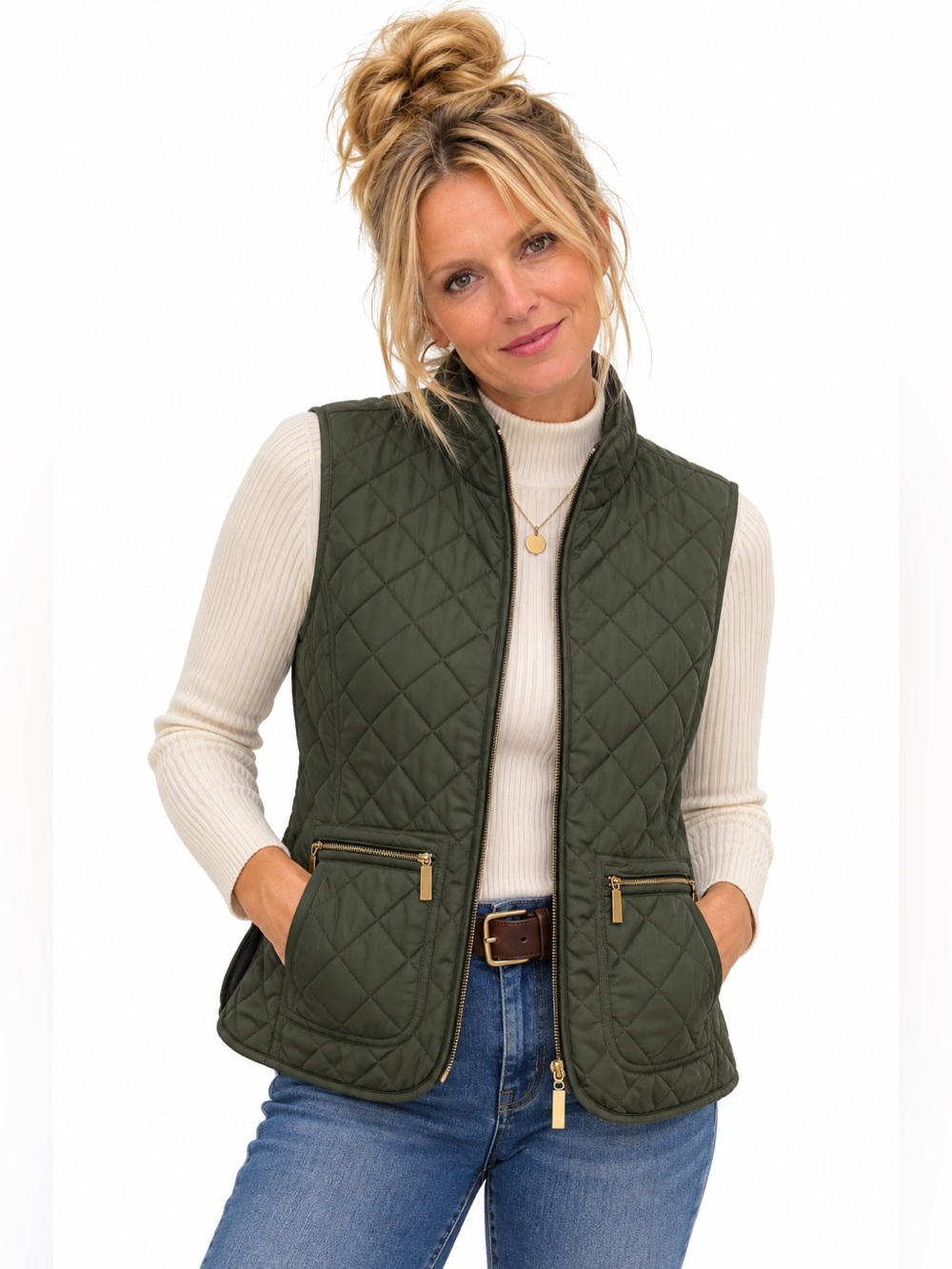 Van Heusen Olive Green Diamond Quilted Zip Vest Women's Large